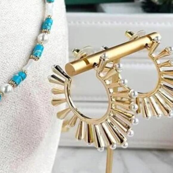 Gold Hoop Earrings with Pearl Accents - Picture 1 of 2